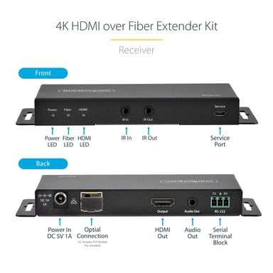 StarTech.com Juego Extensor de HDMI 4K por Fibra - 4K a 60Hz hasta 1km (Monomodo) o 330m (Multimodo) - Fibra Óptica LC - HDR - HDCP - Alargador de Audio/RS232/IR - Receptor Transmisor