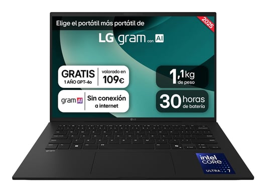 LG Gram 14Z90T-G.AD8BB laptop Intel Core Ultra 7 255H Ordinateur portable 35,6 cm (14'') WUXGA 32 Go LPDDR5x-SDRAM 2 To SSD Wi-Fi 6E (802.11ax) Windows 11 Home Espagnole Noir