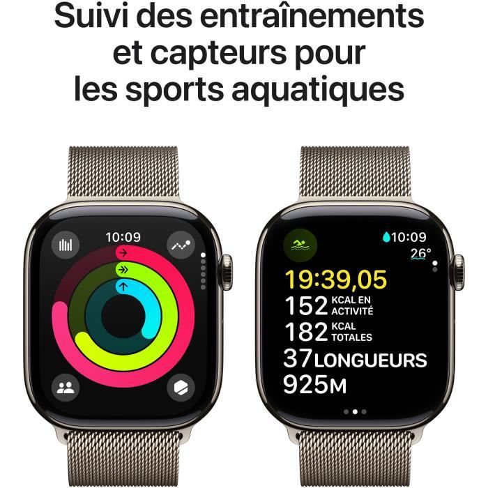 Apple Watch Series 10 (2024) GPS + Cellular, Boitier Titane Naturel de 46mm avec bracelet Milanais M/L, Titane Naturel - Neuf