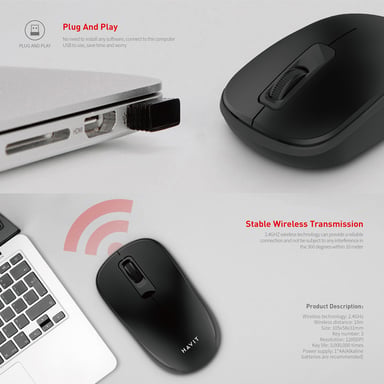 HAVIT MS626GT Mouse da ufficio senza fili a 2,4 Ghz - 3 pulsanti - Portata 10 metri - Ricevitore Nano