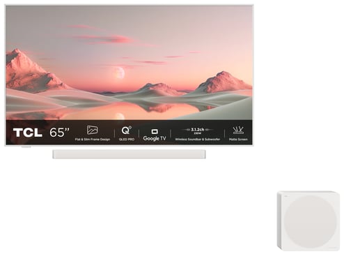 TCL A300 NXTFRAME 65A300 Pro (65'') 4K Ultra HD Smart TV, Blanc avec barre de son et caisson sans?fil Bang & Olufsen