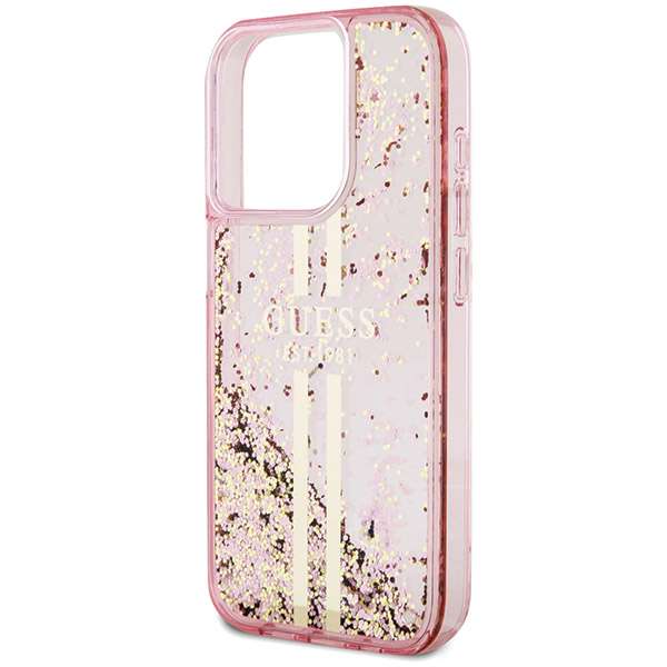 Guess Étui pour iPhone 15 Pro 6.1 rose étui rigide Liquid Glitter Gold Stripes - vue 3