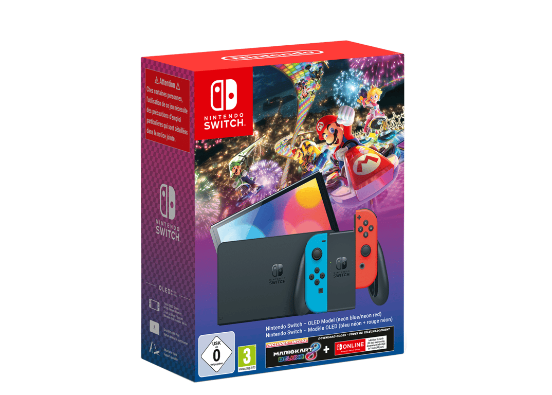 Pack Switch OLED Néon & Mario Kart 8 Deluxe, Bleu, Rouge - Très bon état