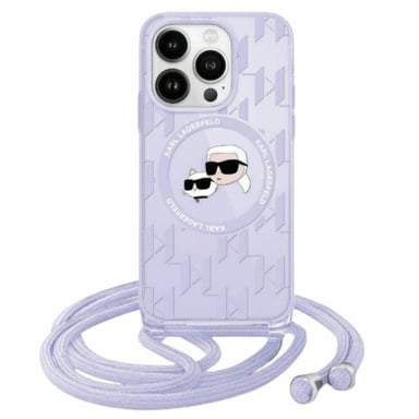 Custodia Karl Lagerfeld per iPhone 15 Pro Max 6,7'' viola Custodia rigida IML Crossbody Monogram Karl & Choupette Head MagSafe