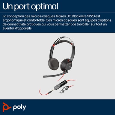 POLY Blackwire 5220 cuffie stereo USB-C + connessione da 3,5 mm + adattatore USB-C/A