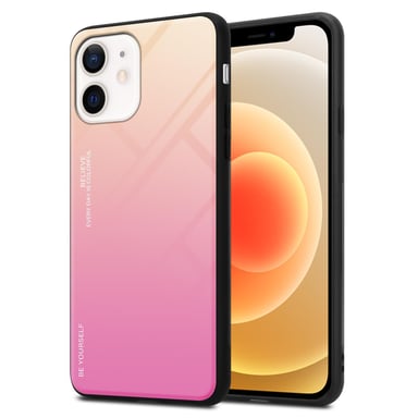 Coque pour Apple iPhone 12 MINI en JAUNE - ROSE Housse de protection Étui bicolore en silicone TPU et dos en verre trempé