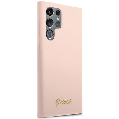 Funda Guess de silicona con logo metálico « Script » para Samsung S23 Ultra, rosa