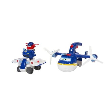 SUPER WINGS - Aereo giocattolo PATROLLER POLICE + 1 FIGURA POLIZIA JETT - Aereo giocattolo Geant e figura polizia Transform-a-Bots Jett