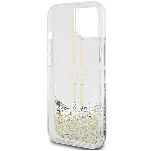 Guess Étui pour iPhone 15 Plus 6.7 transparent étui rigide Liquid Glitter Gold Stripes Gris - vue 2