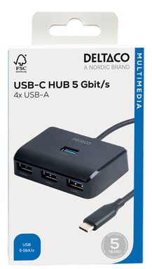 USB-C hub med 4 porte, 5 Gbit/s, ekstr