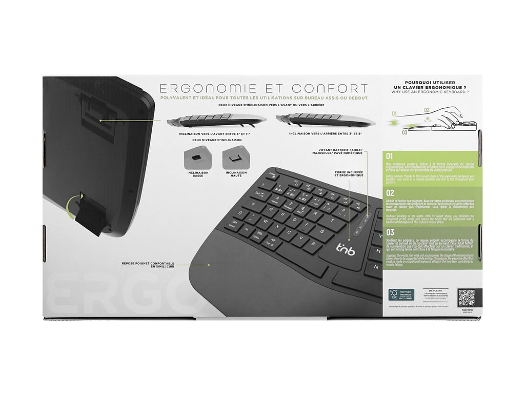 Clavier ergonomique TNB ERGO Sans fil rechargeable Bluetooth et 24GHz Repose poignet intégré - vue 2