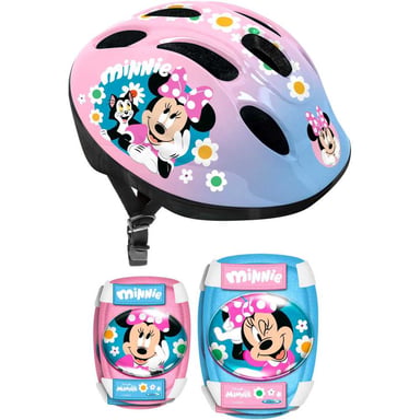 Set de protection Minnie Casque réglable 50/56 cm + coudières et genouillères, coques rigides et velcros, dégradé rose/bleu