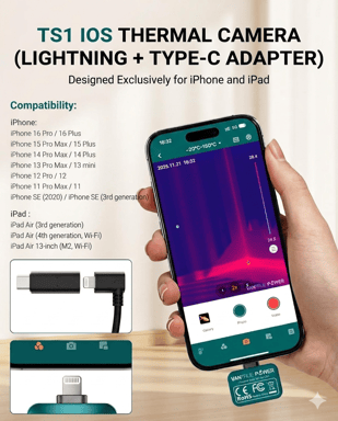Termocamera Vantrue TS1 per iOS iPhone iPad, termocamera a infrarossi con risoluzione 512 x 384 e superrisoluzione, connettori Lightning / USB-C, da -20°C a 550°C