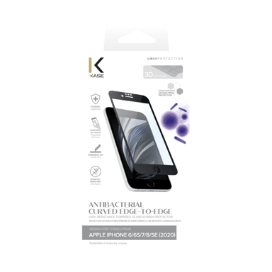 Protector de pantalla de cristal templado con borde curvado antibacteriano para Apple iPhone 6/6s/7/8/SE 2020, Negro