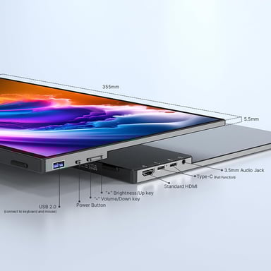 Moniteur Portable MINIX 16'' FHD 1200P, IPS, Écran Tactile, USB-C, HDMI, Stéréo, Protection des Yeux, Sans Clignotement, Filtre de Lumière Bleue