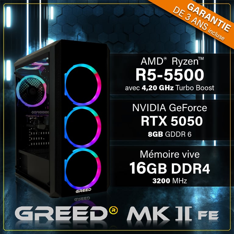 GREED MK2 FE Gaming PC / Ordinateur AMD Ryzen 5 5500 Nvidia Geforce RTX 5050 RAM DDR4 SSD PC Gamer avec WiFi + Windows 11 Pro Neuf - vue 3