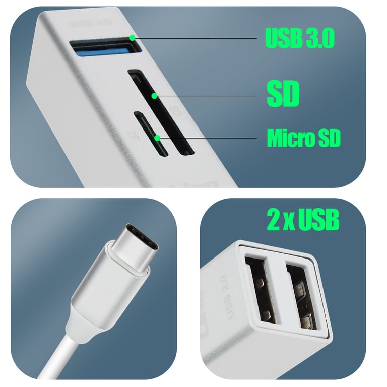 Hub USB-C 5 en 1 avec 3 Ports USB et Lecteur de Carte SD Micro-SD Argent - Neuf