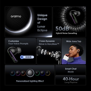 oraimo SpaceBuds – Écouteurs Bluetooth sans fil avec réduction de bruit hybride 50dB, Bluetooth 5.4, autonomie 40h, LEDs et mode Smart Chat