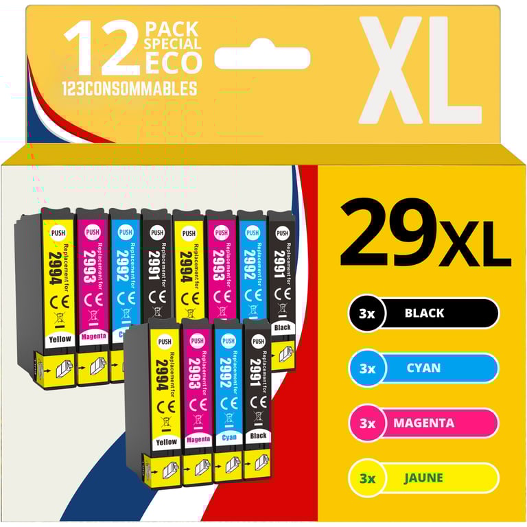 123CONSOMMABLES 29XL Pack 12 cartouches encre compatible avec EPSON T29XL pour Epson XP 342 XP 352 XP 452 XP 332 XP 245 XP 442 XP 255 XP 355 XP 455 XP 247 XP 432 XP 435 XP 335 XP 345 Neuf - vue 2
