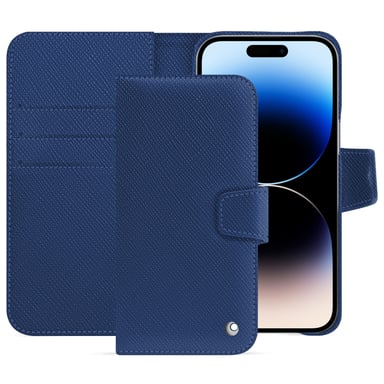 Housse cuir Apple iPhone 15 Pro Max - Rabat portefeuille - Bleu - Cuir saffiano