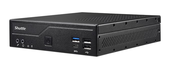 Shuttle Slim PC DH610, S1700, 1x HDMI, 2x DP, 1x 2,5'', 2x M.2, 2x LAN (Intel 1G + 2,5G), 2x COM, funzionamento 24/7, attacchi VESA