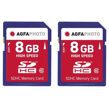 AgfaPhoto Pack 2 cartes mémoire flash SDHC 10408 - Capacité 16GB + 16GB - Bleu