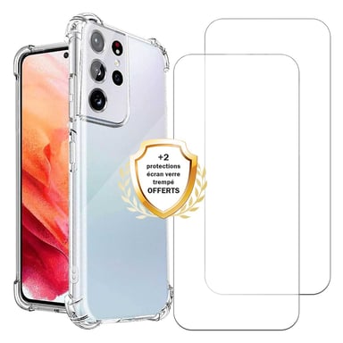 EVETANE Coque Samsung Galaxy S21 Ultra 5G Antichoc coins renforces Silicone + 2 Vitres en verre trempe Protection ecran