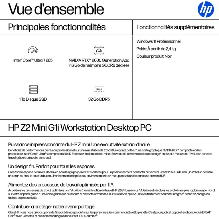 HP Z2 G1i Intel Core Ultra 7 265 32 Go DDR5-SDRAM 1 To SSD NVIDIA RTX 2000 Ada Windows 11 Pro Mini PC Station de travail AI Workstation, AI PC Noir - Neuf