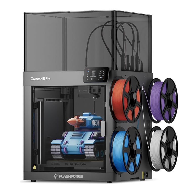 Flashforge Creator 5 Pro Imprimante 3D – 4 têtes indépendantes sans purge changement FlashSwap en 7s vitesse 600 mm/ chambre chauffante 65 °C filtration HEPA13 + actif calibrage automatique systèmes Neuf