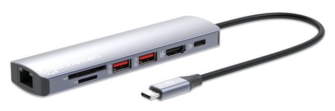 Manhattan Dock/hub USB-C con lector de tarjetas, puertos (5): Ethernet, HDMI, 2x USB-A y USB-C, con Power Delivery (PD) 100 W- requiere cargador USB-C externo (no incluido). Alimentado por USB (no requiere alimentación externa) cuando no se utiliza PD