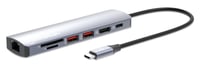 Manhattan Dock/hub USB-C con lector de tarjetas, puertos (5): Ethernet, HDMI, 2x USB-A y USB-C, con Power Delivery (PD) 100 W- requiere cargador USB-C externo (no incluido). Alimentado por USB (no requiere alimentación externa) cuando no se utiliza PD