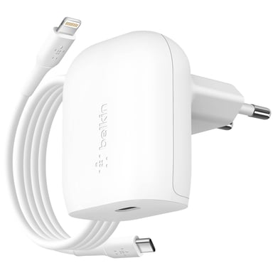 Belkin Cargador de red plano USB C de 20 W Cable USB C a Lightning de 1 m Blanco