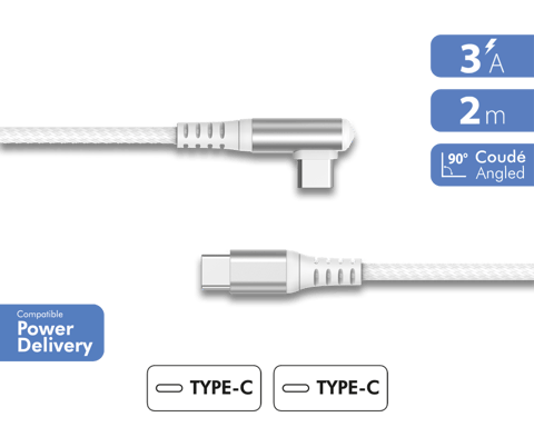 Cavo di ricarica e sincronizzazione rinforzato angolato da USB-C a USB-C 60W 3A 2 m