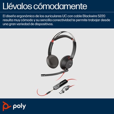 POLY Blackwire 5220 Cuffie stereo USB-C + connettore da 3,5 mm + adattatore USB-C/A (confezione)