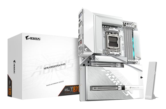 GIGABYTE X870 AORUS STEALTH ICE Placa Base – Compatible con procesadores AMD Ryzen 9000, VRM digital de 16+2+2 fases, hasta 8200 MHz DDR5 (OC), 2 x PCIe 5.0 + 2 x PCIe 4.0, Wi-Fi 7, LAN 5 GbE, USB 4