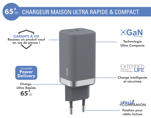 Caricatore da parete USB C PD 65W Power Delivery Garanzia a vita Grigio Force Power
