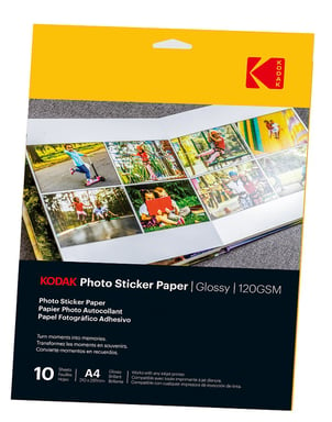 KODAK Photo Sticker Paper - Pack de 10 feuilles de papier photo autocollant - Format 21 x 29.7 cm (A4) - Finition brillante - 120 gsm
