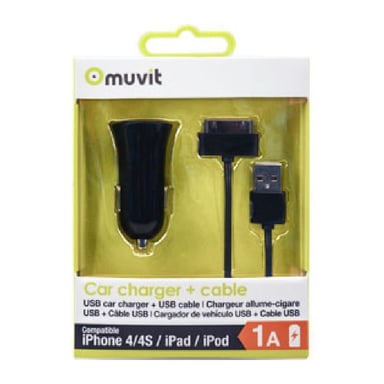 Spring Pack Cargador Coche 1Usb +Cable 1A Usb/30 Pin 1M Negro