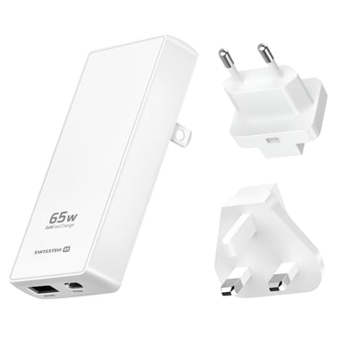 Chargeur de Voyage MacBook Laptop GaN 65W Port USB-C et USB Prises EU / UK / US Blanc