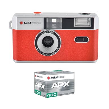 AGFAPHOTO - Cámara Analógica de 35mm – Objetivo 31 mm F9, Flash Integrado, Enfoque Fijo, Compatible Carretes ISO 200/400/800 – Carrete ISO 400, Funda y Correa Incluidos - Rojo