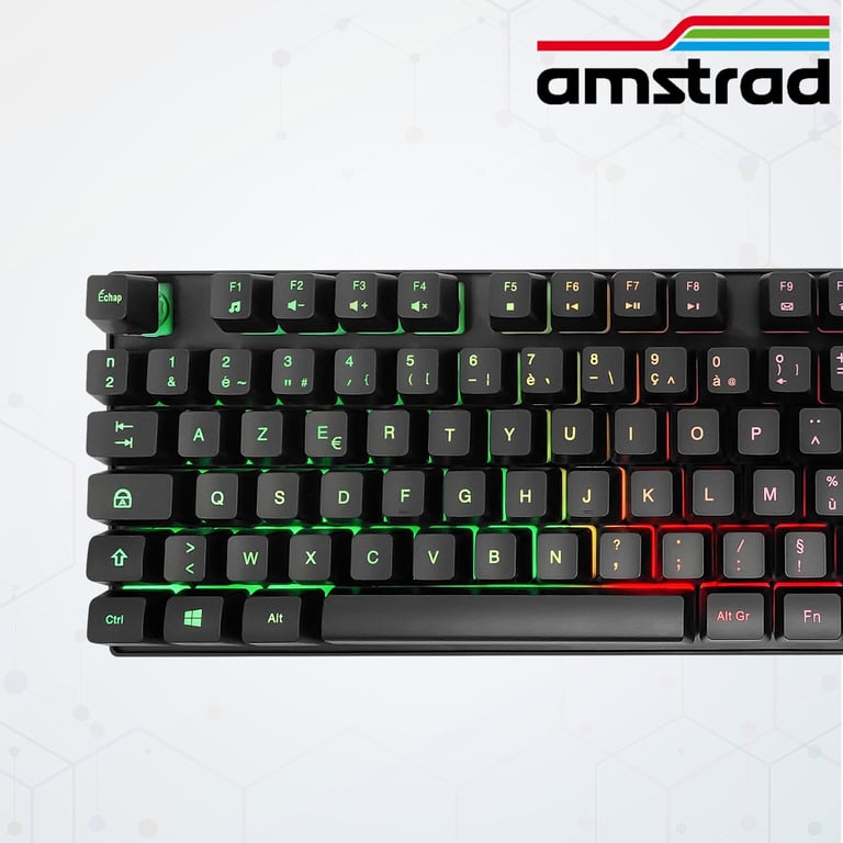 Amstrad Clavier Gamer AMS KEY008 USB, Rétro-éclairage RGB, 12 raccourcis multimédia, 104 Touches, AZERTY - Neuf