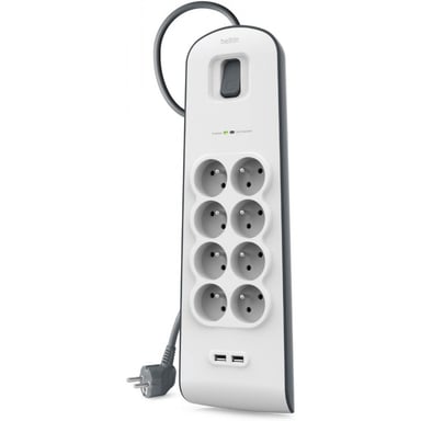 Belkin - BSV804ca2M - Multisalida/Protección contra rayos 8 salidas con 2 puertos USB - Cable de 2 m - Blanco (Protección hasta 900 julios)
