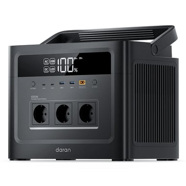 Central eléctrica portátil DaranEner Cubus1000 Max, batería LiFePO4 de 1152?Wh, salida CA de onda sinusoidal pura 1000?W, potencia de pico 2000?W, entrada solar 300?W, USB?C PD 100?W, salida XT60, MPPT, BMS, UPS, más de 3500 ciclos