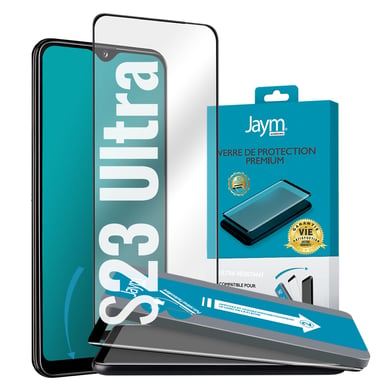 JAYM - Cristal templado premium para Samsung Galaxy S23 Ultra - Negro 3D Contour Templado - Garantía de por vida - 9H Ultra Durable Reforzado - Compatible con sensor sónico - Aplicador personalizado incluido