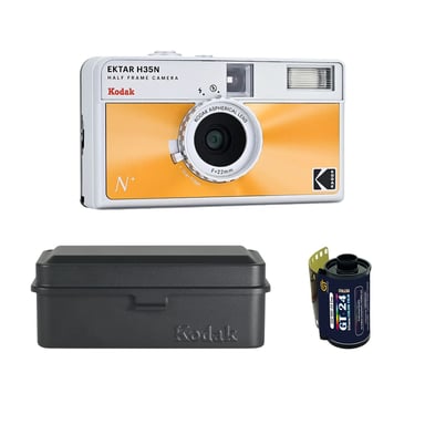 KODAK Ektar H35N Cámara Analógica 35mm Medio Formato + 10 Carretes Color GT24 24 Exposiciones ISO 100/400 + Estuche Metálico para Película 120/135 Negro – Lente 22mm F/8, Flash Integrado
