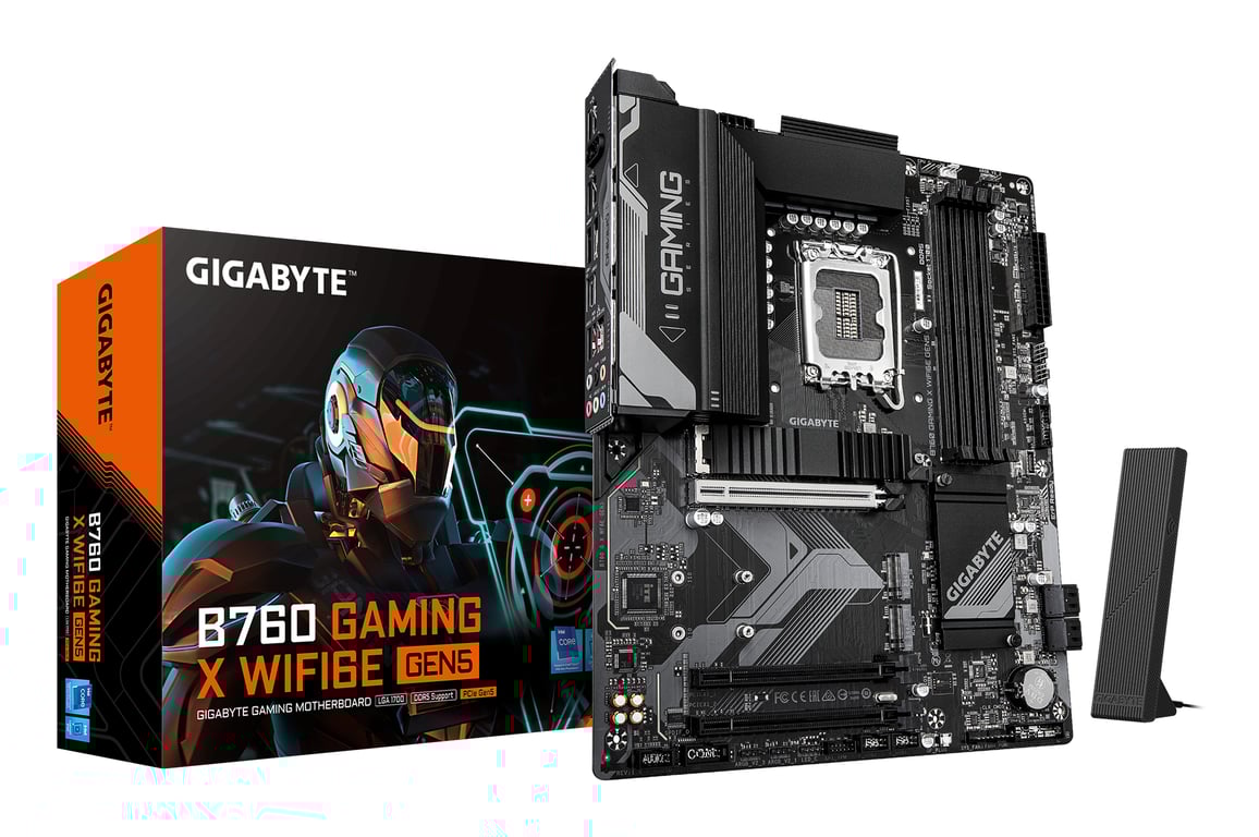 GIGABYTE B760 GAMING X WIFI6E GEN5 Carte Mère – Compatible avec les processeurs Intel Core 14e génération VRM 8+1+1 phases jusqu'à 5600 MHz DDR5 3 x .2 PCIe 4.0 Wi Fi 6E LAN 2.5 GbE USB 3.2 Gen 2 Neuf