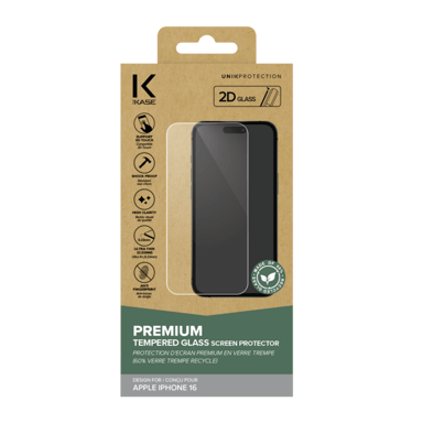 Protecteur d'écran en verre trempé de qualité supérieure (60% verre trempé recyclé) pour Apple iPhone 16, Transparent