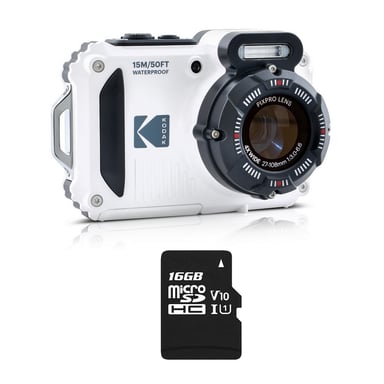 KODAK Pixpro Pack WPZ2 + 1 carte SD Kodak - Compact 16M Pixels, étanche à 15m,  Anti-Choc, Video 720p, Ecran LCD 2,7 - Batterie Li-ion - Blanc