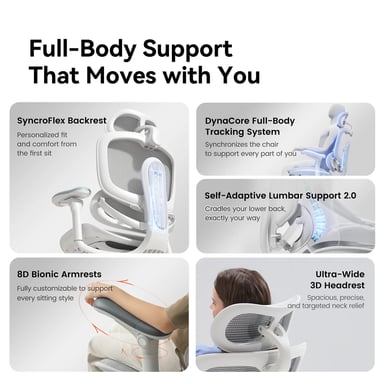 Doro C300 Pro V2 Sedia ergonomica – Supporto lombare auto-adattivo 2.0, Schienale SynchroFlex, Poggiatesta 3D ampio, Braccioli 8D, Inclinazione 135°, Profondità seduta regolabile, Poggiapiedi, 150 kg max,Bianco