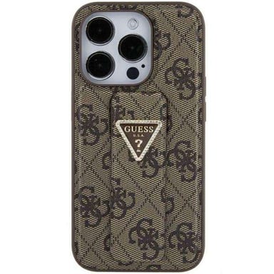 Custodia Guess per iPhone 15 6.1'' marrone Custodia rigida Grip Stand 4G Triangle Strass